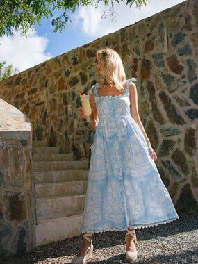 Juliet Dunn Tie Shoulder Midi Dress in Pastel Blue Size Medium